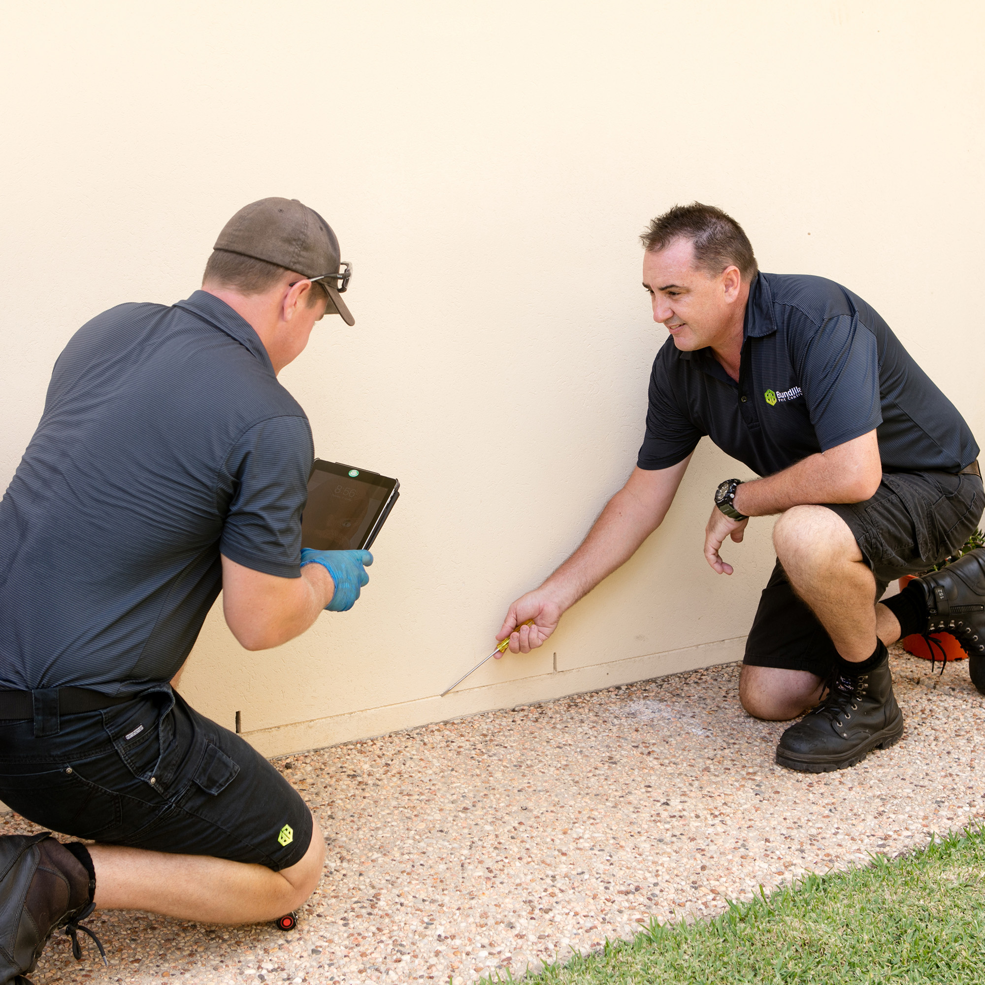 Two pest control technicians kneal down while inspecting for ants